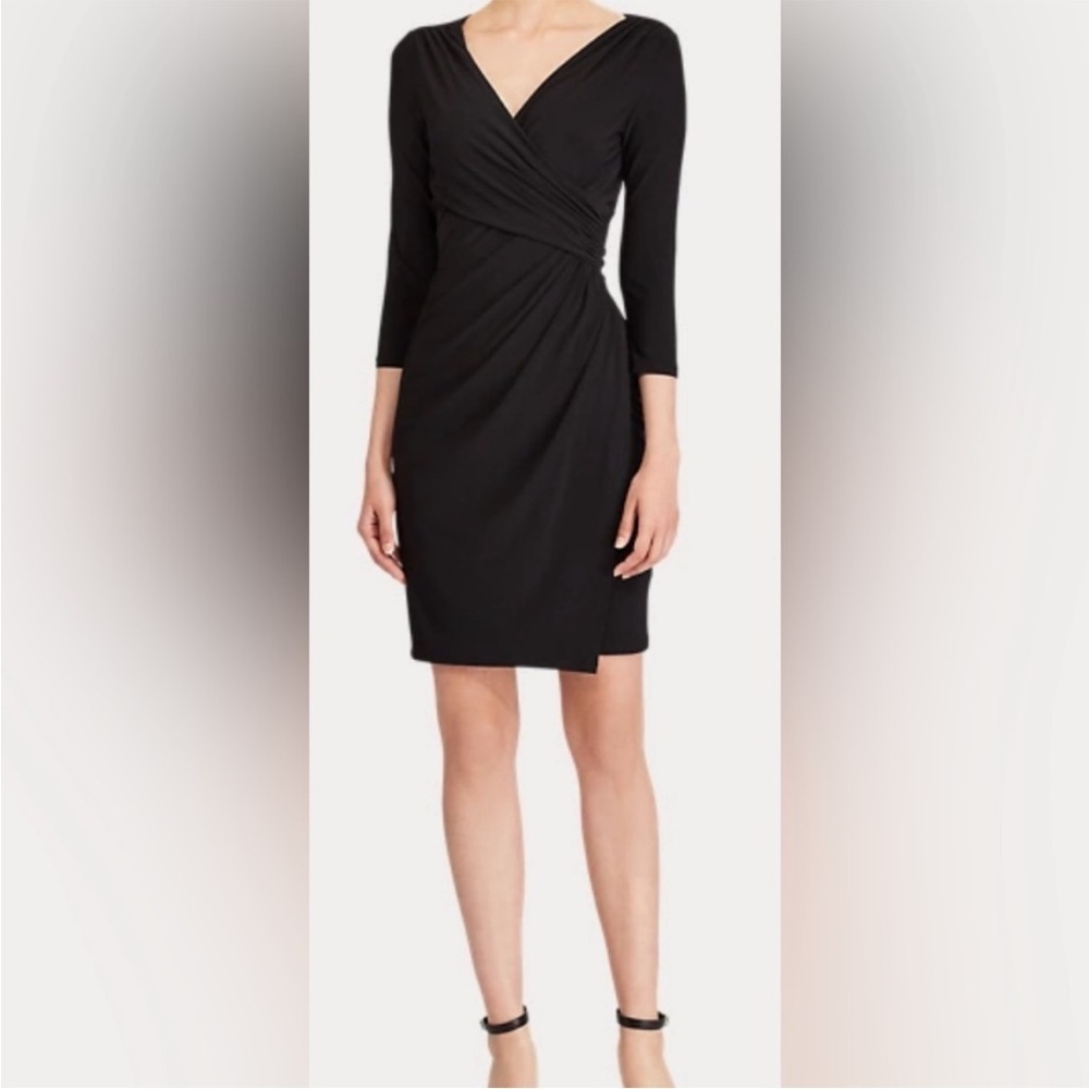 Lauren Ralph Lauren Black Faux Wrap Dress with 3/4 Sleeve - 6P